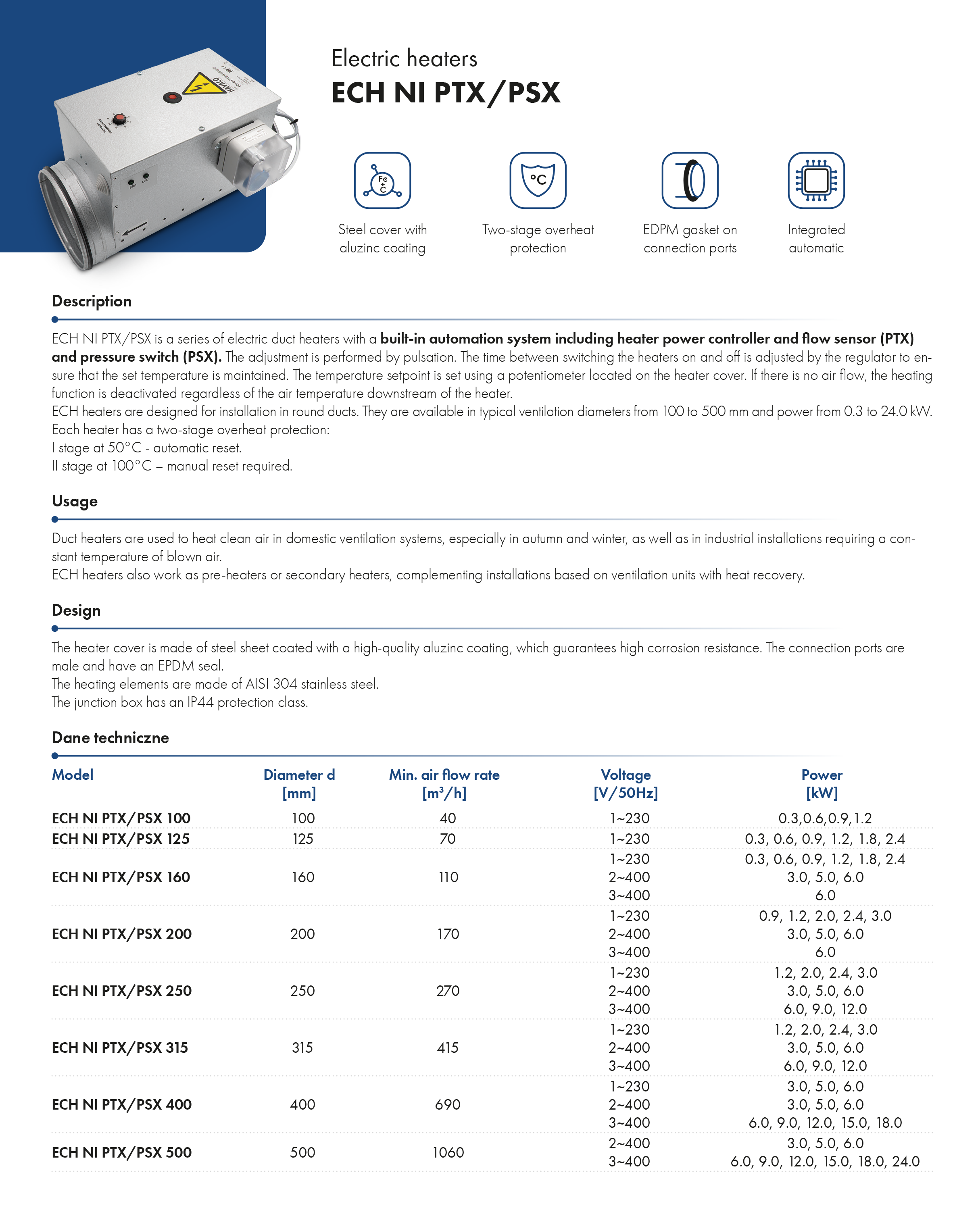 Electric heaters ECH NI PTX PSXhavaco catalogue card